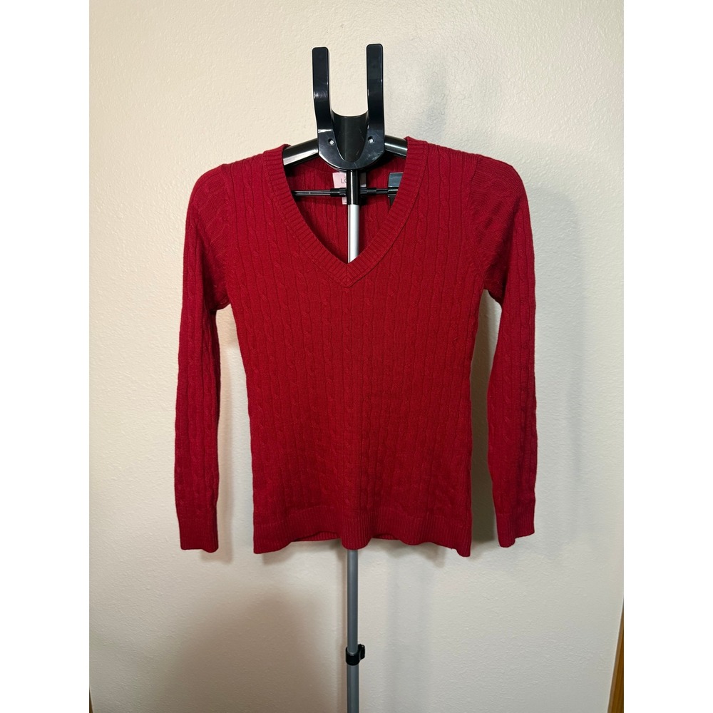 Ann Taylor Loft Red Cable Knit V-Neck Pullover Sweater Womens Medium Long Sleeve